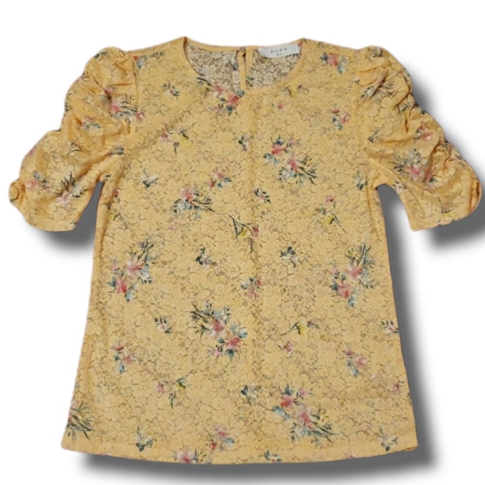 Elodie Womens Floral‎ Lace Ruched Short Sleeve Blouse Orange Size Small NWOT